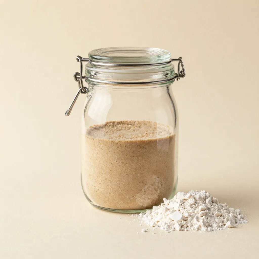 A classic sourdough starter kit with jar and flour on a warm background