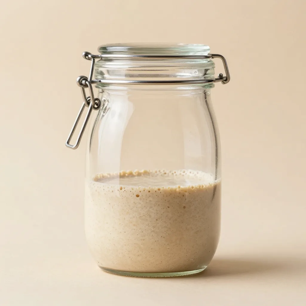 A sourdough starter jar on a warm background